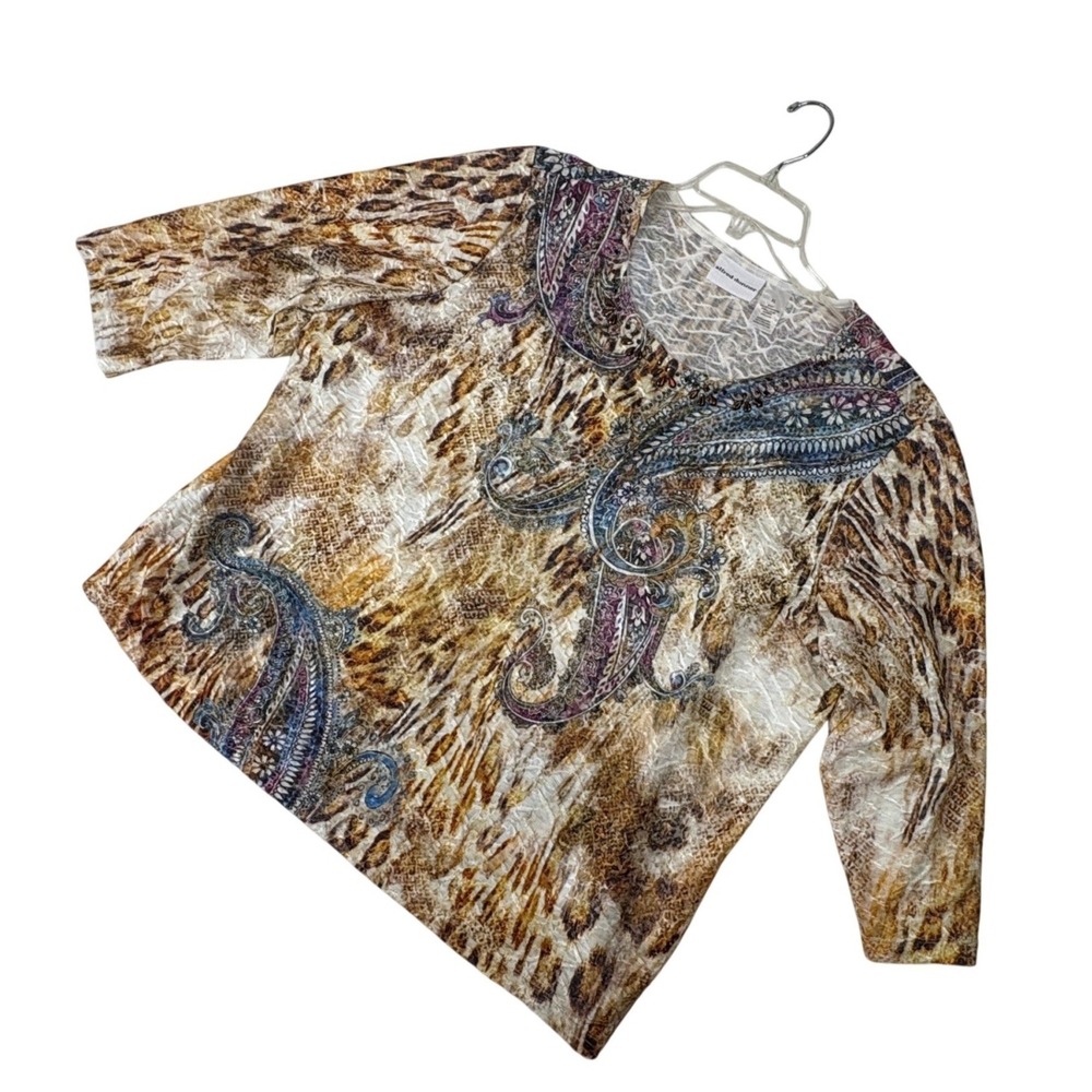 Alfred Dunner XL Brown Animal Paisley Jeweled Textured Knit 3/4 Sleeve Blouse